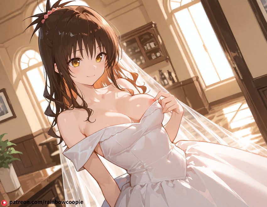 ai_generated beautfiul_background clothing coffee_house dress faint_smile large_breasts nipple_pull small_breasts stunning_backgroud to_love-ru to_love-ru_darkness wedding_dress white_dress yuuki_mikan