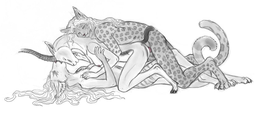 antelope anthro ass bagheera_(artist) bagheera_(fursona) balaa balaa_(character) bisexual breasts claws closed_eyes digitigrade ears_back feline female from_behind_position fur gazelle greyscale group group_sex hair hooves horn interspecies kissing leopard lying male mammal monochrome multiple_girls nipples nude on_back penetration penis predator/prey sex simple_background smile straight thomson's_gazelle threesome vaginal_penetration yuri