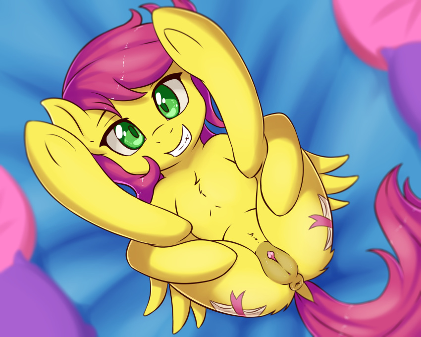 2017 anus ass clitoris cutie_mark dock equine fan_character fearingfun female feral green_eyes grin hair hi_res looking_at_viewer lying mammal my_little_pony on_back pegasus pillow pussy smile solo wings