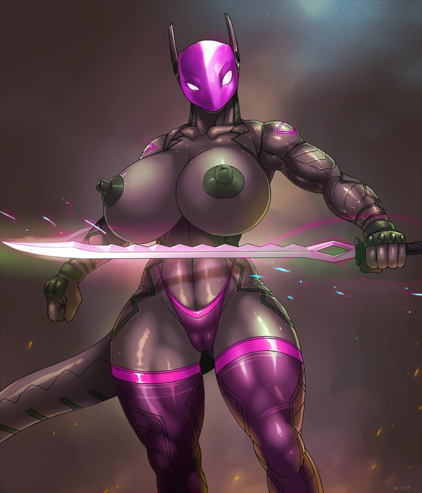 alien big_breasts breasts cameltoe clothing cyber_dragon cybernetics cyborg female huge_breasts kayla_(phoenix777) legwear link2004 machine melee_weapon muscular nipples no_pupils panties pussy solo standing stockings sword thick_thighs underwear weapon