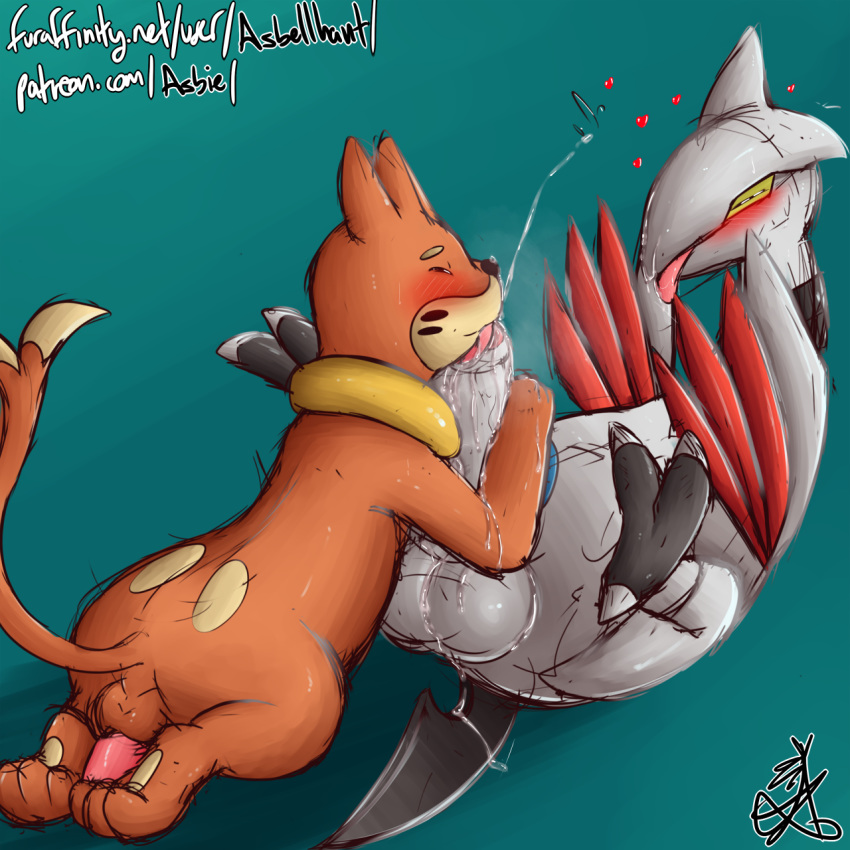 2017 3_toes asbel_lhant_(artist) avian balls blush buizel claws closed_eyes cute duo foreskin heart kneeling lying male mammal mustelid nintendo orgasm otter penis pokemon simple_background skarmory tapering_penis toes tongue uncut wings yaoi