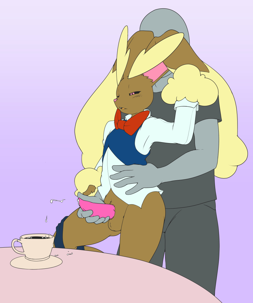 2boys anthro arm_up big_ears black_sclera blush bottomless brown_fur clothes clothing coffee cum cum_in_container cup drink ejaculation erection faceless_male from_behind furry gay half-closed_eyes handjob human iced_latte_with_breast_milk iced_latte_with_dick_milk interspecies lagomorph long_ears looking_down lopunny male male_only mammal nintendo original_character penis penis_milking penis_out pink_sclera plate pokémon_(species) pokemon pokemon_(species) pokemon_dppt purple_background reach_around sex standing table tapering_penis testicles underwear video_games vulapa waiter yaoi