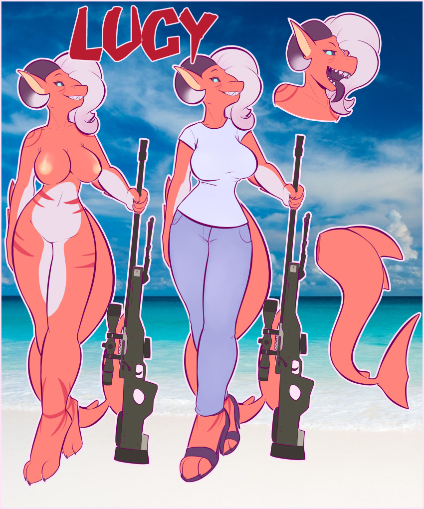 1girls anthro big_breasts breasts clothing counter-strike counter-strike_(series) feet female fish footwear gun hair high_heels horn invalid_tag lucia_(nukitt) lucy marine nipples pinabble ranged_weapon rifle shark sharp_teeth shoes sniper sniper_rifle teeth valve weapon white_hair