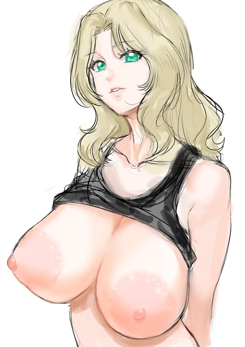 blonde_hair female girls_und_panzer green_eyes huge_breasts kay_(girls_und_panzer) kuppipi_ramutarou long_hair looking_at_viewer nipples shirt_lift solo tank_top upper_body