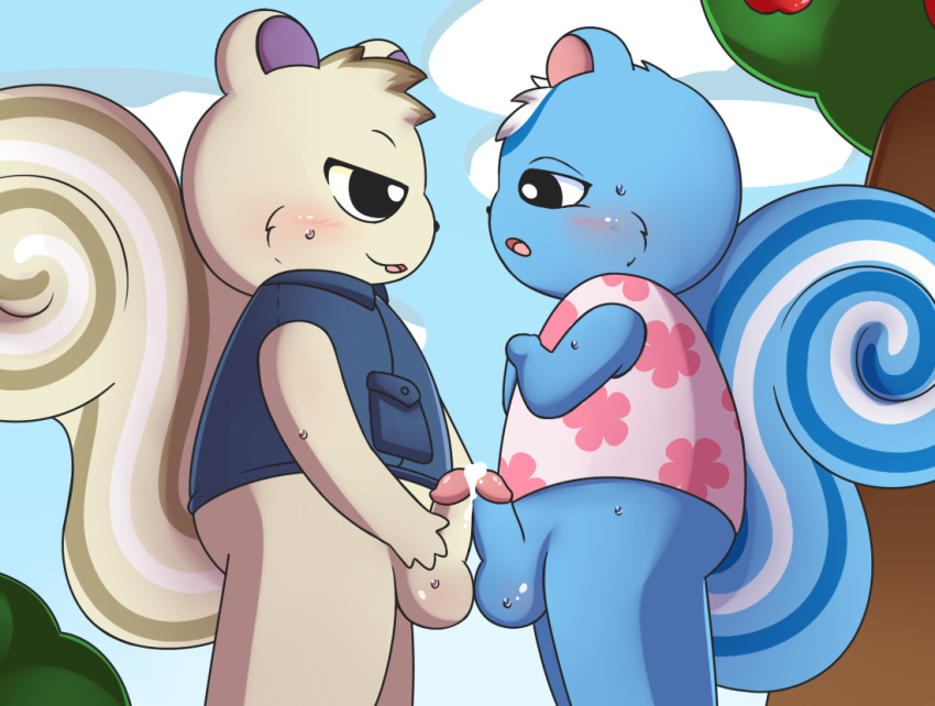 animal_crossing anthro apple balls blue_fur blush bottomless clothed clothing erection filbert_(animal_crossing) food fruit fur male marshal_(animal_crossing) nintendo open_mouth precum sagemerric sky sweat tree vest video_games white_fur yaoi young