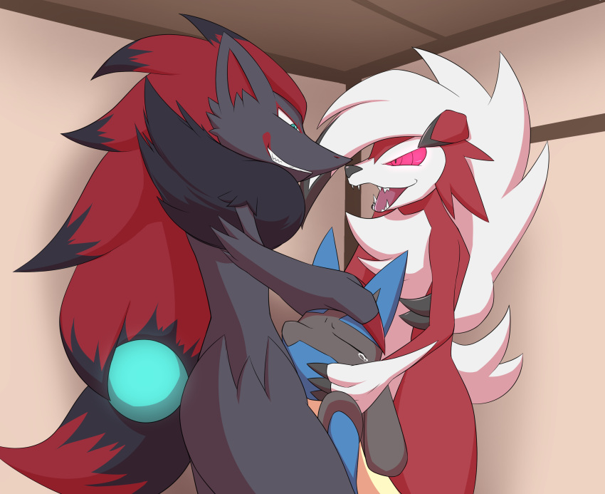 1boy 2017 ambiguous_gender anthro aoinu blue_eyes blue_fur claws closed_eyes fur grey_fur group group_sex lucario lycanroc male_pokemon male_zoroark midnight_lycanroc nintendo open_mouth oral pink_eyes pokemon pokemon_(species) questionable_consent red_fur sex tears threesome video_games white_fur zoroark