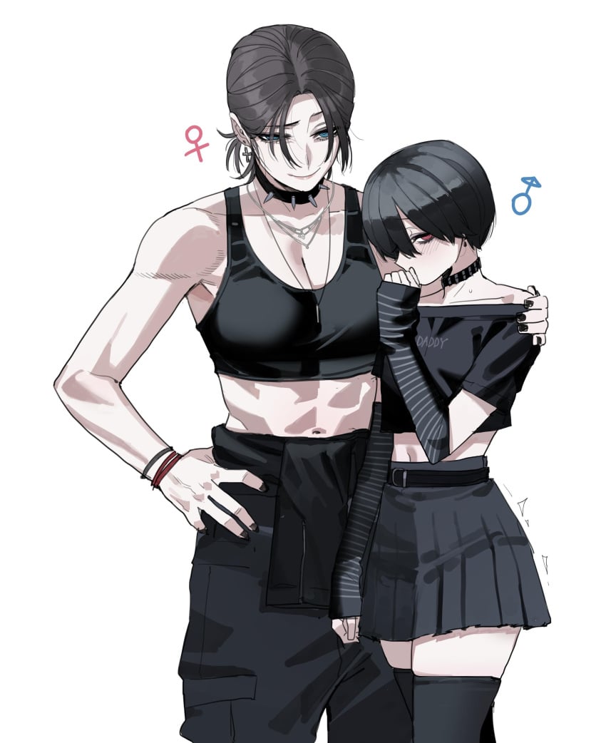 1boy 1femboy 1girl 1girls 1tomboy abs biceps blush blushing dominant dominant_female female female_focus femboy male muscular muscular_female ratatatat74 shy shy_expression skirt submissive submissive_male tomboy