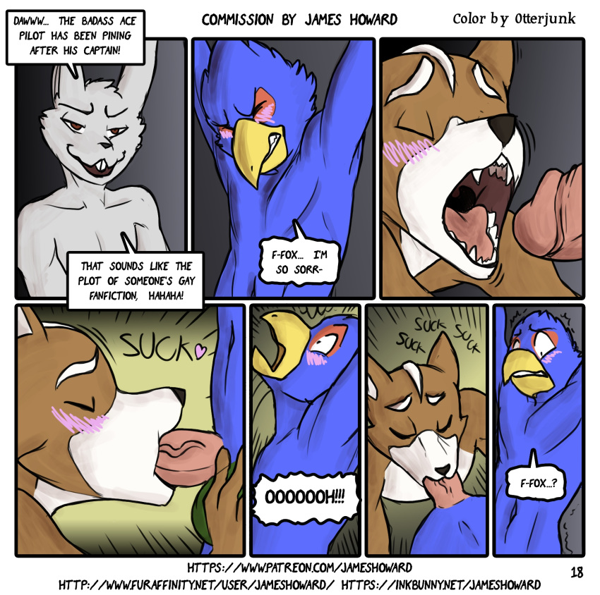 anthro avian balls beak bird blush canine comic dialogue english_text erection falco_lombardi falcon fellatio forced forced_partners forced_yaoi fox fox_mccloud furaffinity_username hi_res humanoid_penis inkbunny_username james_howard lagomorph male mammal nintendo open_mouth oral otterjunk page_18 patreon_username penis rabbit rape reverse_forced_oral sex simple_background star_fox text video_games yaoi