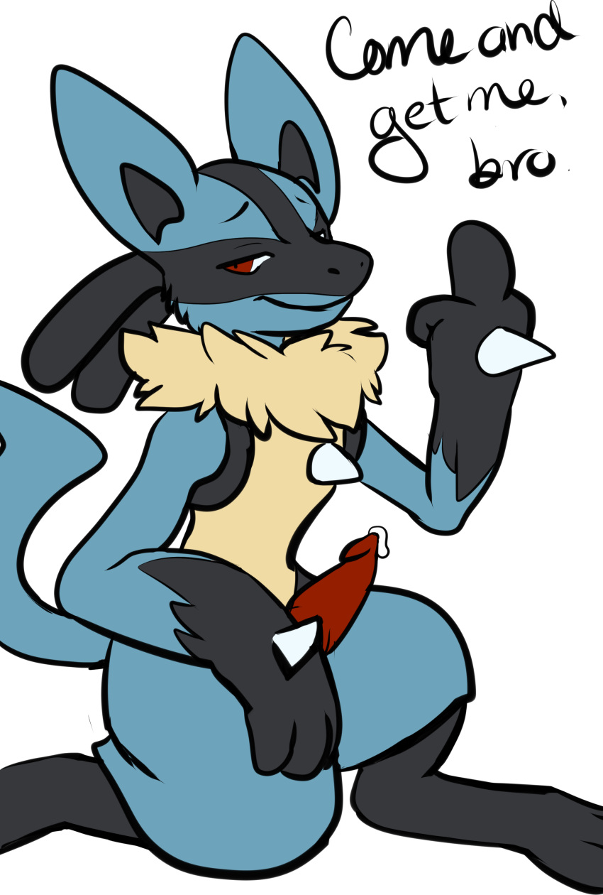 1boy 2017 absurd_res beezlebumawoken black_fur blue_fur erection fur hi_res looking_at_viewer lucario male male_only nintendo penis pokemon pokemon_(species) red_eyes simple_background smile solo video_games