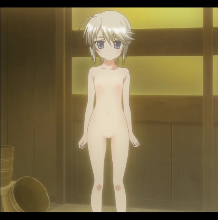 ezomori_nozomu flat_chest kanokon looking_at_viewer nipples nude screencap short_hair silver_hair