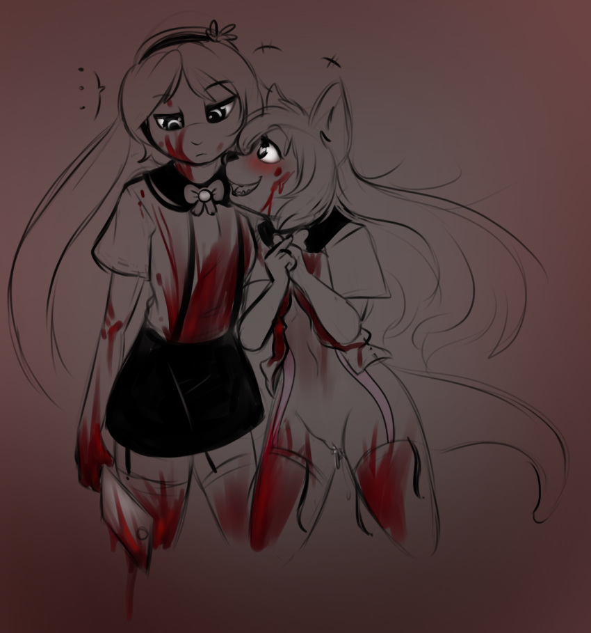 2017 anthro blood blush clothed clothing daisy_may_(scarletseed) dead_inside duo female flat_chested gore guro lagomorph legwear long_ears mammal open_mouth psychopath pussy pyravia rabbit scarletseed school_uniform simple_background skirt smile teeth undressing uniform young