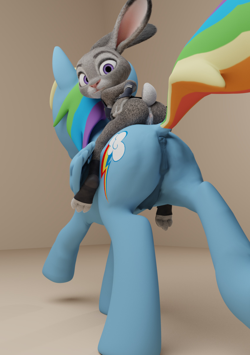 2017 2girls 3d anatomically_correct anthro anus ass blender clothing crossover crotchboobs disney dock duo equine female feral friendship_is_magic grey_background hand_on_hip horse horsepussy judy_hopps lagomorph looking_back mammal my_little_pony pony puffy puffy_anus pussy rabbit rainbow_dash_(mlp) rear_view riding simple_background thecomet zootopia