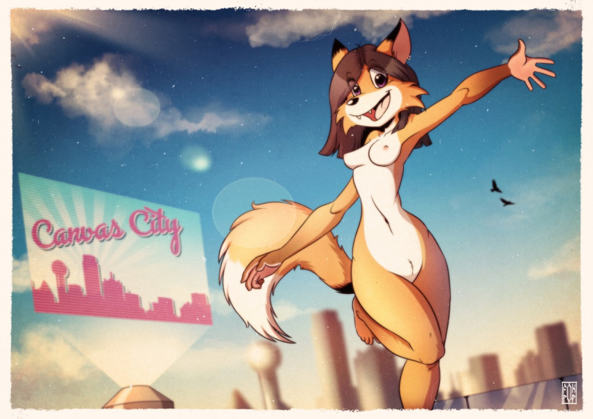 anthro avian barefoot bird breasts brown_eyes brown_hair canine casual_nudity city cityscape cute female fox fox-pop fur hair hologram looking_at_viewer mammal navel nipples nude orange_fur outside public public_nudity smile solo text white_fur