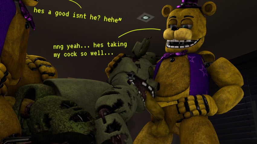 3boys 3d anal_sex animatronic azzy_azphyr_(artist) bear dialogue english_text fellatio five_nights_at_freddy&#039;s five_nights_at_freddy&#039;s_3 fnaf fredbear_(fnaf) from_behind gay green_body living_machine male male/male/male male_only male_penetrating male_penetrating_male open_mouth penetration penis_in_mouth rabbit robot scottgames selfcest spitroast spring_bonnie_(fnaf) springtrap springtrap_(fnaf) tagme text threesome undead yellow_body