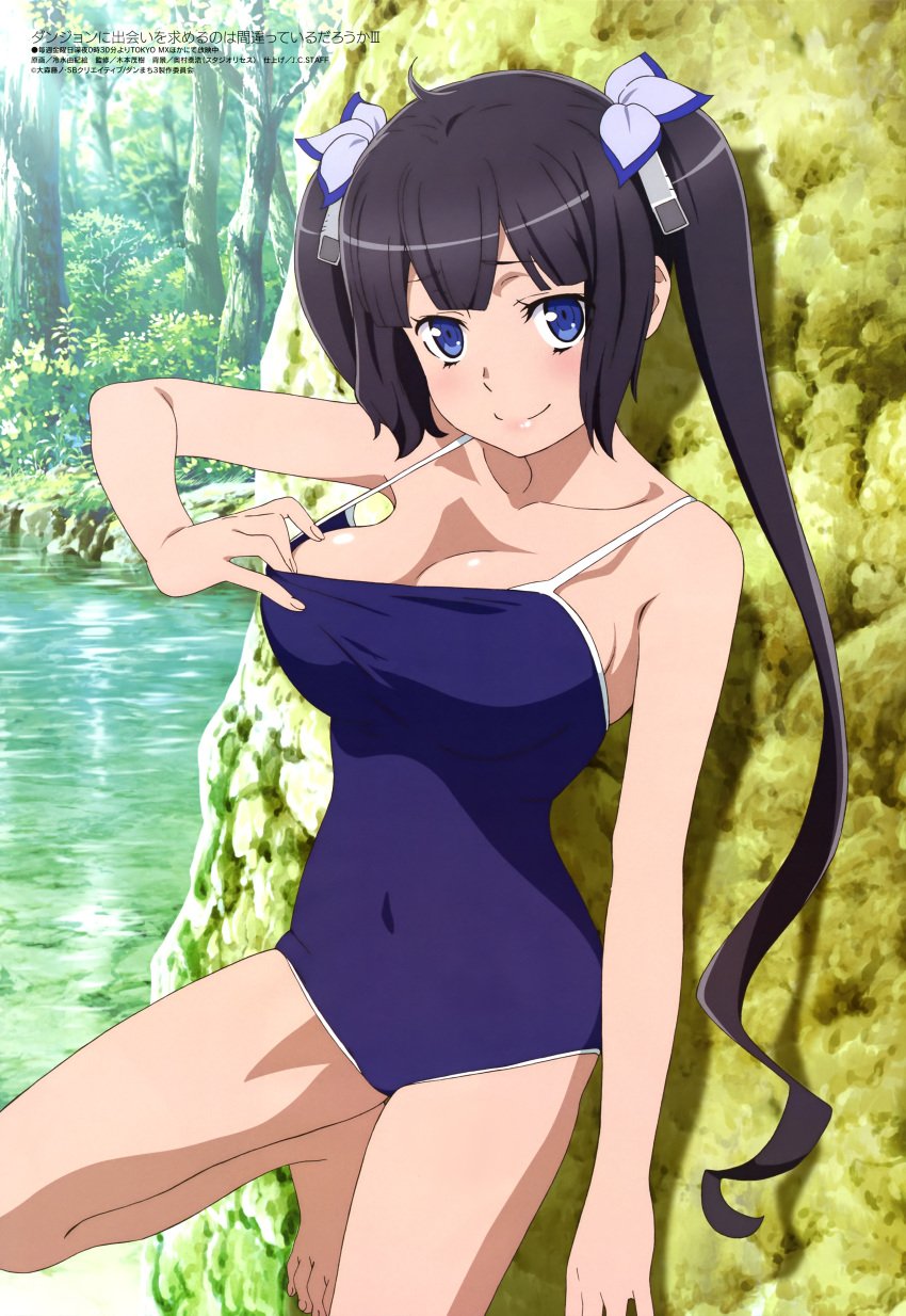 armpit_crease bare_arms bare_legs bare_shoulders bare_thighs barefoot belly_button_visible_through_clothing big_breasts black_hair blue_eyes blush breasts cleavage closed_mouth collarbone dungeon_ni_deai_wo_motomeru_no_wa_machigatteiru_darou_ka feet goddess hair_ribbon hestia_(danmachi) hiyamizu_yukie knee_up long_hair megami_magazine official_art one-piece_swimsuit one-piece_swimsuit_pull outdoors shiny_skin smile swimsuit thighs toes twintails