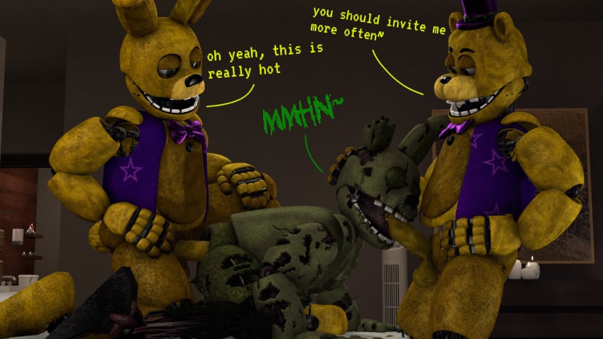 3boys 3d anal_sex animatronic azzy_azphyr_(artist) bear dialogue english_text fellatio five_nights_at_freddy's five_nights_at_freddy's_3 fnaf fredbear_(fnaf) from_behind gay green_body living_machine male male/male/male male_only male_penetrating male_penetrating_male moan moaning open_mouth penetration penis_in_mouth rabbit robot scottgames selfcest spitroast spring_bonnie_(fnaf) springtrap springtrap_(fnaf) tagme text threesome undead yellow_body