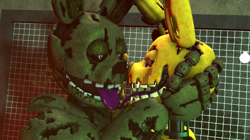 2boys after_sex animatronic azzy_azphyr_(artist) five_nights_at_freddy&#039;s five_nights_at_freddy&#039;s_3 fnaf gay green_body kissing living_machine looking_at_another male male/male male_only rabbit robot scottgames spring_bonnie_(fnaf) springtrap tongue tongue_out