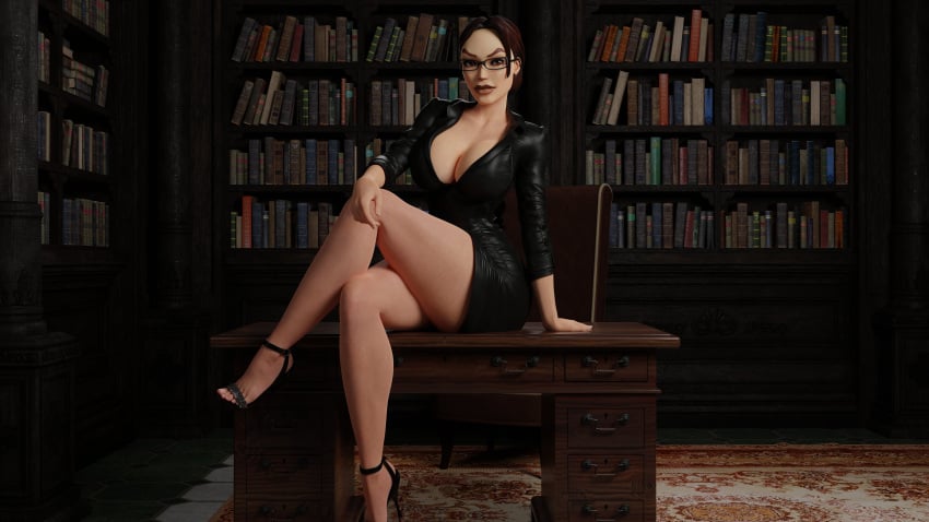 3d bare_legs big_breasts braid breasts brown_hair busty cleavage curvy curvy_figure eyeliner eyeshadow female female_focus female_only glasses high_heels hourglass_figure lara_croft lara_croft_(classic) large_breasts library lipstick long_hair makeup mascara pinup pinup_pose sitting tagme thedirtden tomb_raider tomb_raider_remastered wide_hips