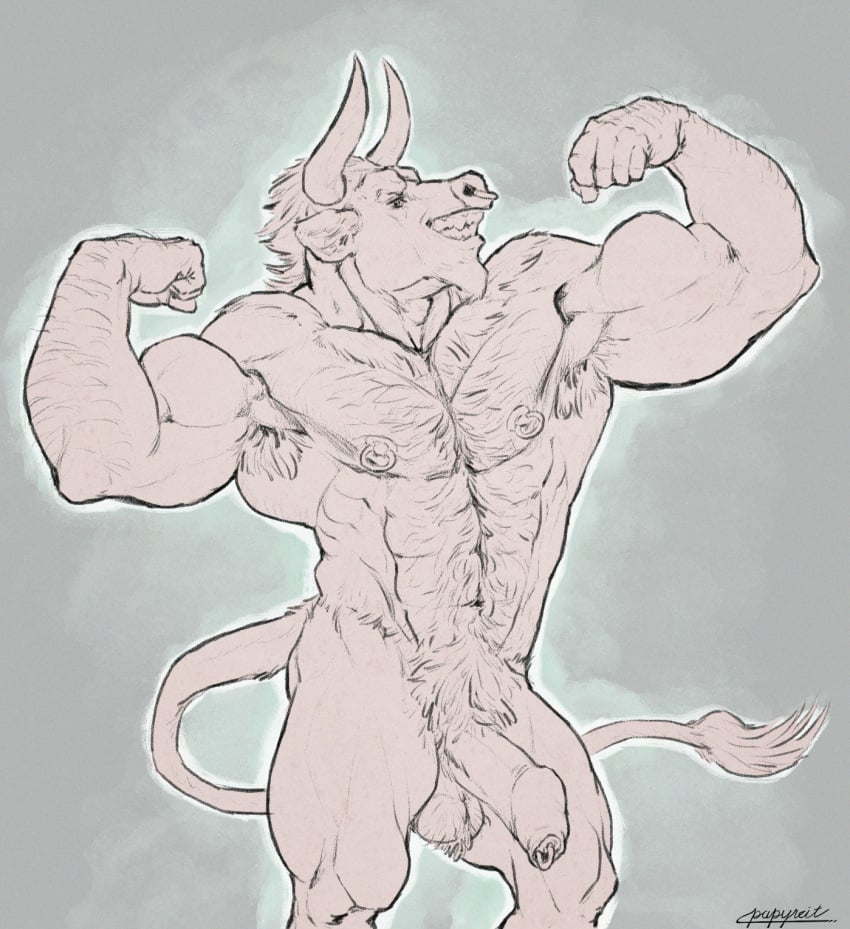 abs anthro arm_hair armpit_hair balls belly_hair biceps body_hair bovid bovine chest_hair european_mythology facial_piercing flexing flexing_bicep flexing_both_biceps foreskin genital_piercing genitals greek_mythology hairy_balls hi_res horn looking_at_viewer male mammal minotaur muscular muscular_anthro muscular_male mythology nipple_piercing nipples nose_piercing nose_ring papyreit pecs penis penis_piercing piercing prince_albert_piercing pubes ring_piercing smile smiling_at_viewer solo tail tail_tuft teeth tuft