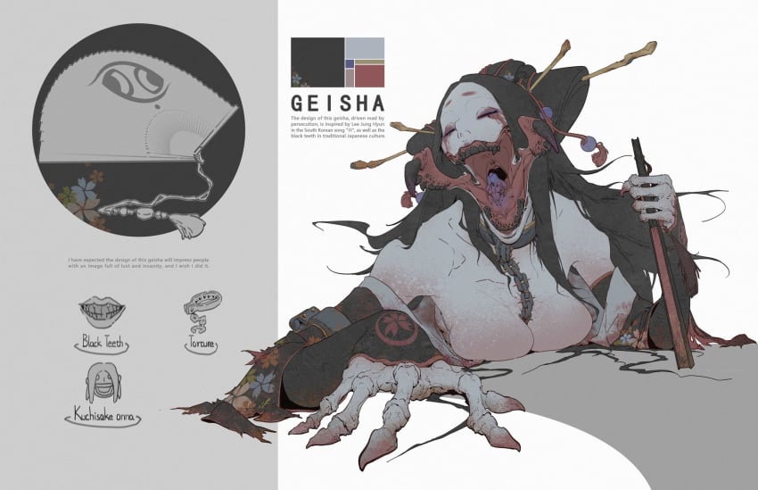 black_hair black_teeth concept_art fan geisha hand_fan makeup monster monster_girl pale-skinned_female pale_body pale_skin pale_skinned_female skeletal_hand skeleton_hand skeleton_hands split_mouth