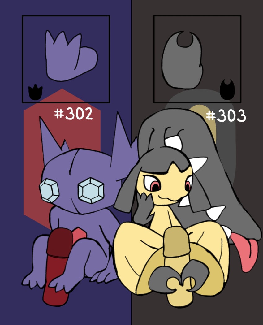 2_toes 3_toes ambiguous_gender digital_media_(artwork) erection feet foot_fetish foot_play footjob generation_3_pokemon genitals group hair_mouth hashtag hi_res id_number male mawile nintendo number penis pokemon pokemon_(species) sableye secretsableye sex simple_background teeth text toes