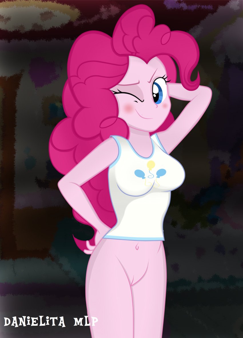 artist_name blush danielitamlp_(artist) equestria_girls female female_only hands_behind_head hasbro my_little_pony one_eye_closed pinkie_pie_(eg) pinkie_pie_(mlp) smile solo solo_female vulva wink winking_at_viewer