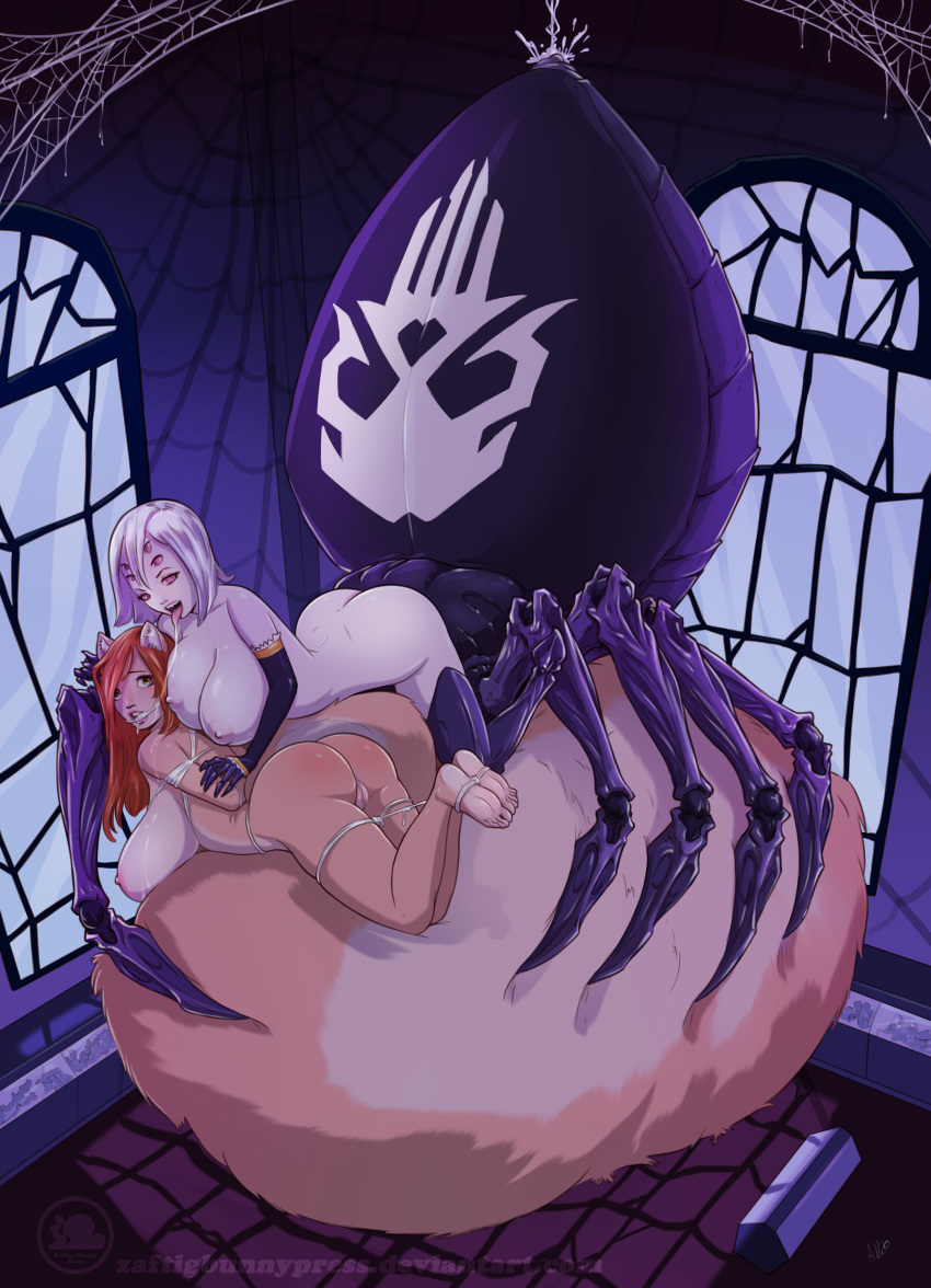 animal_humanoid anthro areola big_breasts bound breasts female huge_breasts humanoid mammal monster_girl monster_musume_no_iru_nichijou multi_eye multi_leg multi_limb nipples penny_flynn pussy rachnera_arachnera rodent squirrel zaftigbunnypress