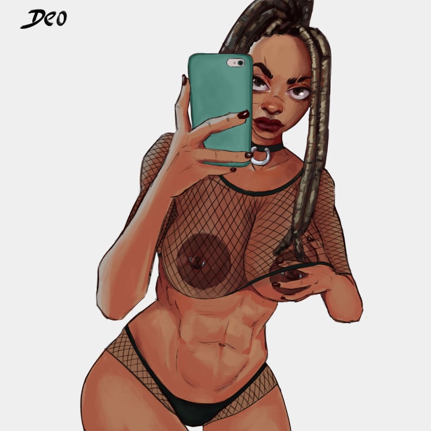 1girls abs big_breasts breasts d4nt3 dark-skinned_female dark_skin female master_raven mesh nipples selfie smartphone solo tekken