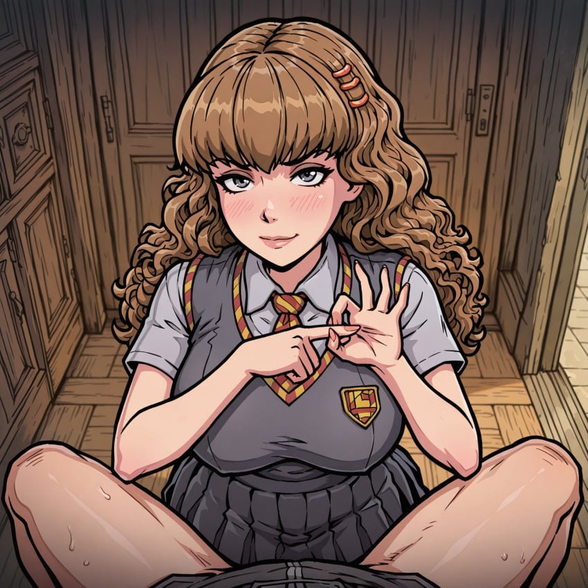 ai_generated akabur_style brown_hair curly_hair echodantalian gesture hermione_granger miniskirt penetration_gesture school school_uniform schoolgirl sex_gesture skirt story story_in_picture uniform witch_trainer