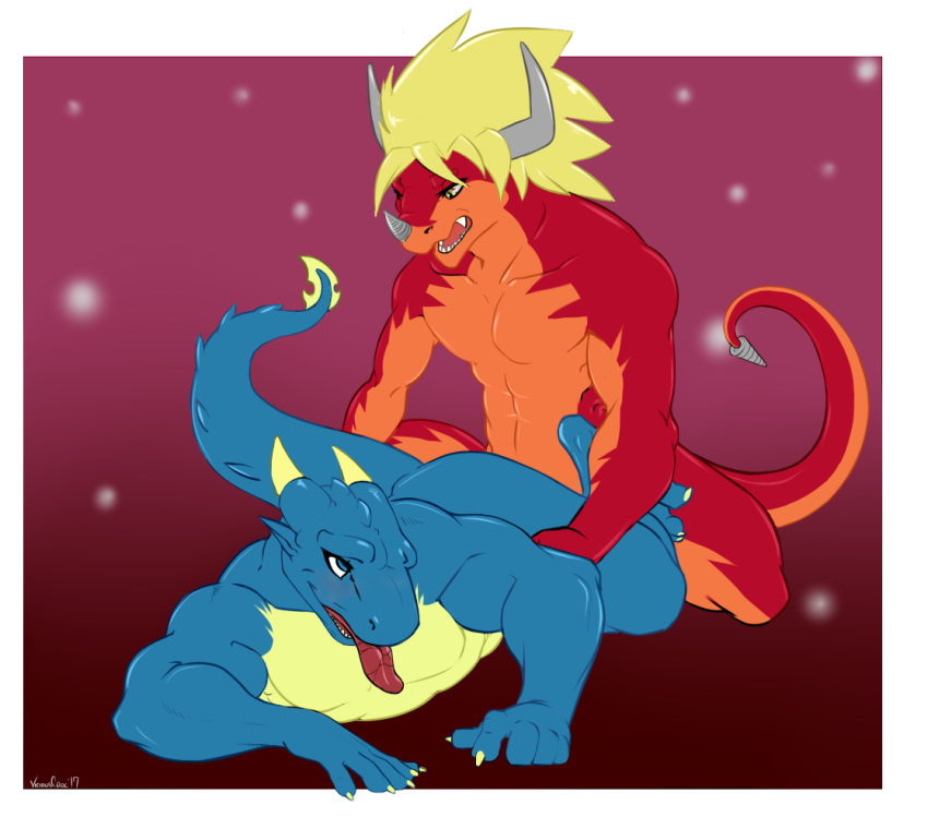 2017 all_fours anthro anthro_on_anthro blonde_hair blue_eyes blue_skin blush doggy_style dragon drum_bunker_dragon duo from_behind_position future_card_buddyfight hair horn male muscular muscular_male nails nude raised_tail red_skin roy_vasil scalie sex simple_background snout viciouscroc yaoi yellow_eyes