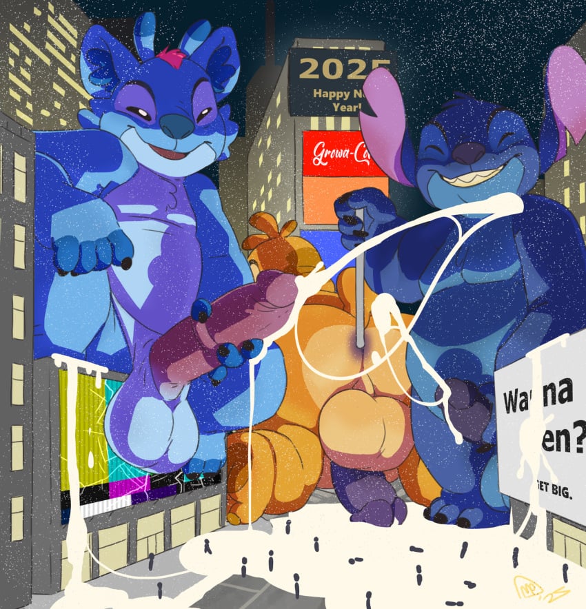 2025 3_toes 4_fingers alien ambient_humanoid anal anal_sex antennae_(anatomy) anthro anus ass backsack balls billboard biped blue_balls blue_nose bodily_fluids brown_pawpads cel_shading chest_tuft city closed_eyes cracked_screen crowd cum cum_everywhere cum_on_ground cumshot digital_drawing_(artwork) digital_media_(artwork) dipstick_antennae disney ejaculation english_text erection experiment_(lilo_and_stitch) feet fingerless_(marking) fingers genital_fluids genitals grin group hair head_markings head_tuft hi_res holding_object holding_own_penis holding_pole holidays humanoid_genitalia humanoid_penis lilo_and_stitch macro male male_only markings max_(maxpany) maxpany messy multicolored_antennae new_year new_year_2025 new_york_city occipital_markings open_mouth open_smile pawpads penetration penis perineum pink_hair pole purple_penis reuben_(lilo_and_stitch) road screen shaded signature slightly_chubby slightly_chubby_anthro slightly_chubby_male small_tail smile snow snowing standing stitch_(lilo_and_stitch) tail text times_square toeless_(marking) toes trio_focus tuft yellow_balls