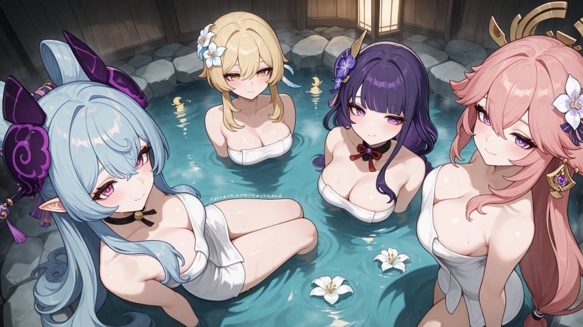 4girls bathroom blonde_hair blue_hair breasts elf elf_ears elf_female female female_only fox_ears fox_girl genshin_impact lumine_(genshin_impact) onsen pink_hair purple_eyes purple_hair raiden_shogun towel yae_miko yellow_eyes yumemizuki_mizuki