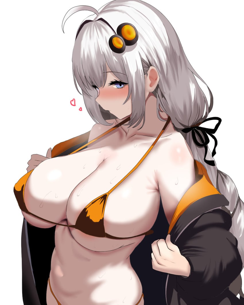 aroused bikini full-face_blush heart in_heat kizuna_akari large_breasts looking_to_the_side micro_bikini off_shoulder open_jacket orange_bikini voiceroid