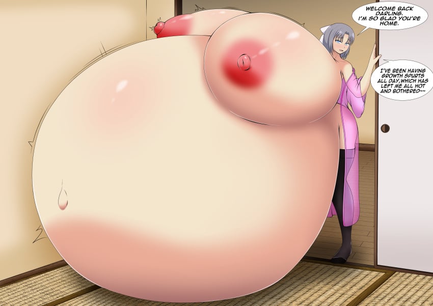 1girls alternate_breast_size areolae belly belly_bigger_than_body belly_on_ground bloated_belly blue_eyes breasts breasts_bigger_than_head breasts_bigger_than_torso breasts_on_belly english_text female female_focus gigantic_belly gigantic_breasts grey_hair hair_ribbon hyper hyper_belly hyper_breasts hyper_pregnancy indoors looking_at_viewer nightgown nipples pregnant pregnant_female ready_to_pop ribbon round_belly senran_kagura short_hair speech_bubble standing text thigh_highs timaeus yumi_(senran_kagura)