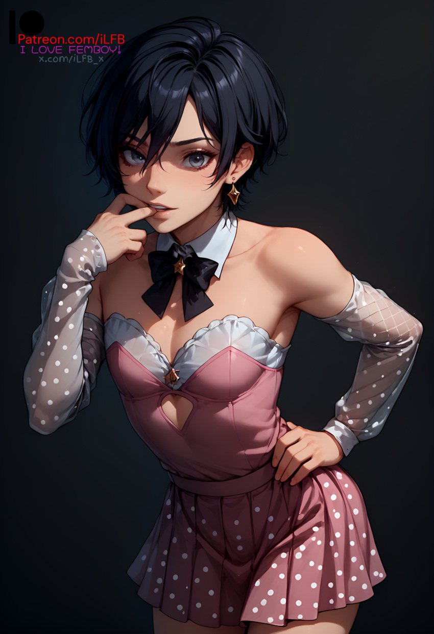 1boy 2025 2d ai_generated black_eyes black_hair choker dress ear_piercing earrings femboy flat_chest hand_on hand_on_hip hand_on_mouth hi_res high_resolution highres ilfb looking_at_viewer self_upload short_hair standing trap uncensored yaoi