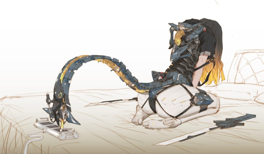 ass bed big_ass black_hair booty cyborg cyborg_girl dagger daggers hunter_liang knife knives orange_hair outlet robotic_tail tail two_tone_hair wariza weapon weapons