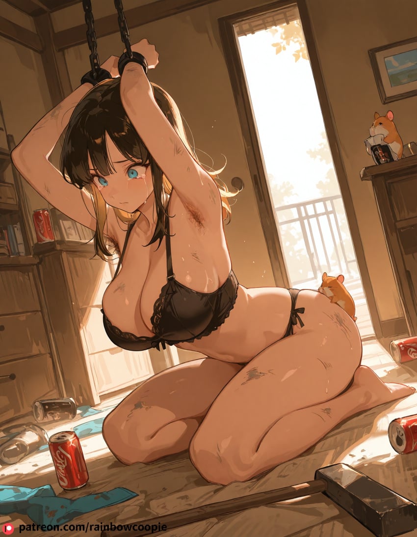 ai_generated beautfiul_background bondage buttjob cluttered_room dirty empty_room hair_messy hairy_armpits hammer hamster huge_breasts pan_(dragon_ball) soda_can stunning_backgroud traditional_chinese_room wiping_tears