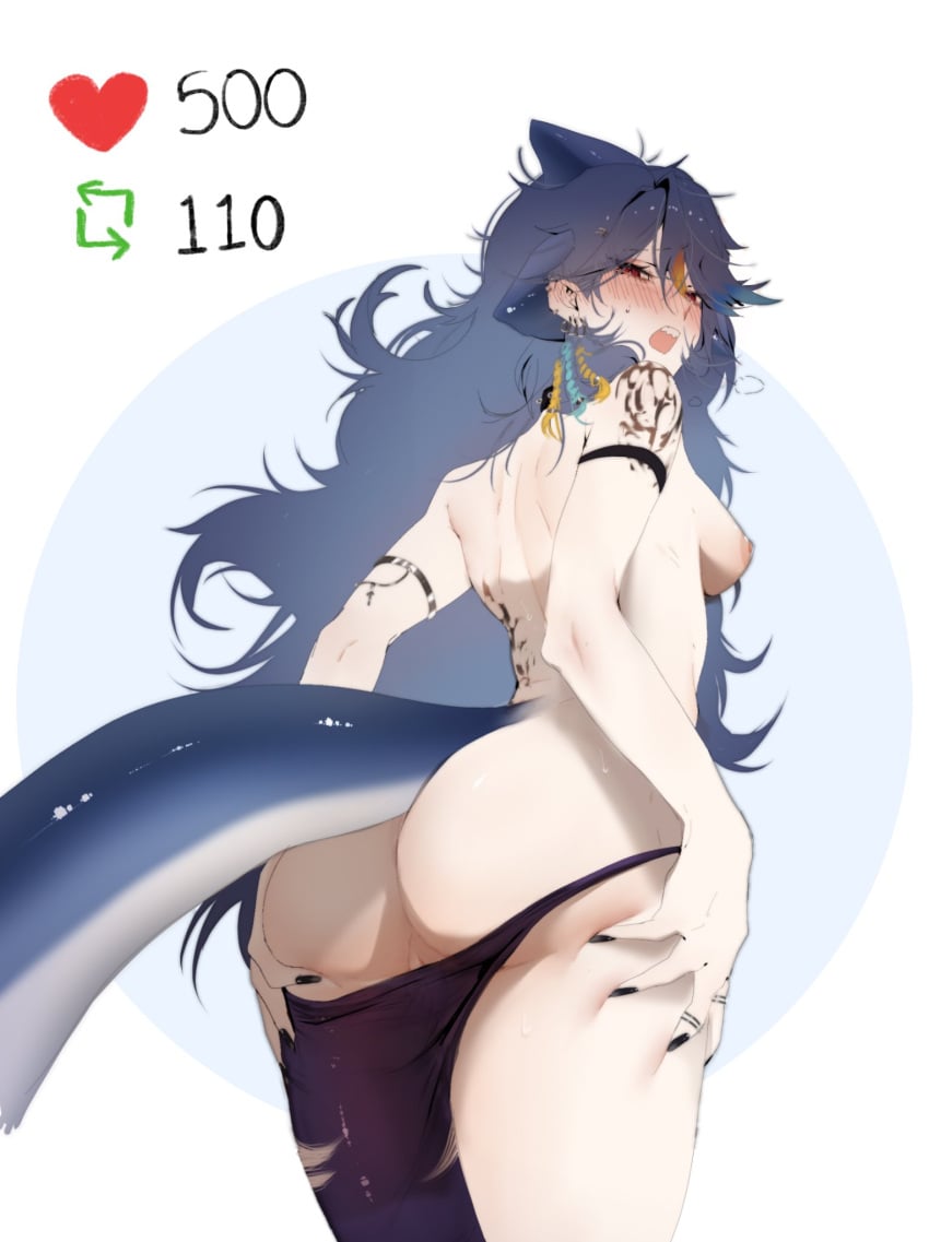 1girls areola areolae belly_button black_nails blue_hair breasts female female_only indie_virtual_youtuber like_and_retweet like_icon mako_sameshima nipple nose_blush open_mouth panties red_eyes retweet_icon rings shark_girl shark_tail sharp_teeth solo tail tattoos tiredcatmom undressing virtual_youtuber