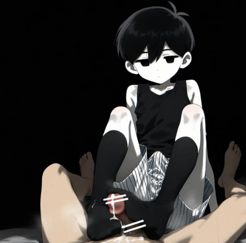 2boys black_hair ejection erection erection_under_clothes foot_fetish footjob footjob_with_legwear omori omori_(character) pov shota