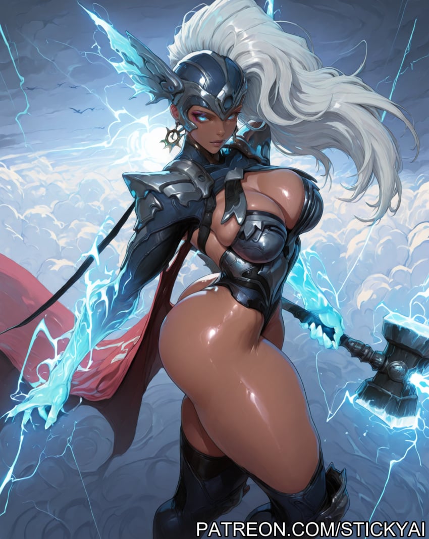 1girls action_pose ai_generated black_female blue_eyes cloud cosplay dark_skin lightning marvel marvel_rivals storm storm_(x-men) superheroine white_hair white_hair_female