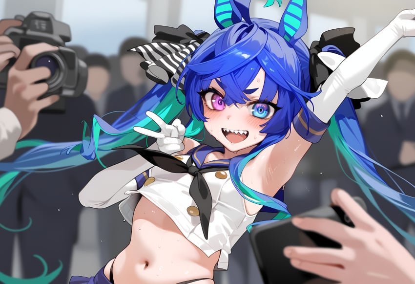 :d @_@ ahoge ai_generated animal_ears aqua_hair armpits arms_up bangs black_clothes black_neckerchief black_neckwear black_panties black_ribbon black_underwear blue_eyes blue_hair blue_sailor_collar blue_skirt blurry blurry_background blush bow breasts camera cellphone clothing cosplay crop_top crossed_bangs crossover crowd depth_of_field elbow_gloves female female fetish gloves green_hair hair_between_eyes hair_ornament hair_ribbon headwear heterochromia highleg highleg_panties holding holding_camera holding_phone horse_ears horse_girl horse_tail indoors legwear long_hair long_sleeves looking_at_viewer midriff multicolored_hair multiple_boys navel neckerchief neckwear open-mouth_smile open_mouth pantsu people phone pleated_skirt purple_eyes ribbon sailor_collar school_uniform serafuku sharp_teeth shirt sidelocks skirt sleeveless sleeveless_shirt small_breasts smile solo solo_focus standing stomach streaked_hair striped sweat tail taking_picture teeth thighhighs tied_hair twin_turbo_(umamusume) twintails umamusume_pretty_derby underwear uniform upper_body upper_teeth_only v very_long_hair white_gloves white_shirt