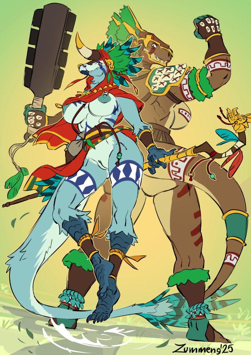 5_fingers 5_toes anthro ass aztec blue_body blue_scales breasts brown_body brown_scales clothing dinosaur duo feet female fingerless_gloves fingers genitals gloves handwear hi_res huitacha_(maxner12) humanoid_feet humanoid_hands ixchel_(maxner12) macuahuitl melee_weapon muscular muscular_anthro muscular_female nipples plantigrade prehistoric_species pussy reptile scales scalie staff teeth toes weapon zummeng