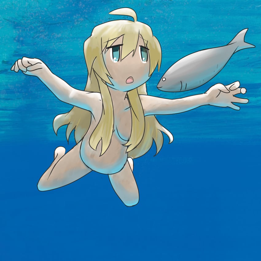 absurdres ahoge album album_art album_cover album_cover_redraw barefoot blonde_hair blue_eyes breasts convenient_censoring cover derivative_work feet female female_focus fish full_body hair_censor highres holeecrab jitome long_hair medium_breasts nevermind nevermind_parody nirvana_(band) nude open_mouth parody shoujo_shuumatsu_ryokou signature skinny_dipping solo submerged swimming thighs toes underwater water wavy_hair yuuri_(shoujo_shuumatsu_ryokou)