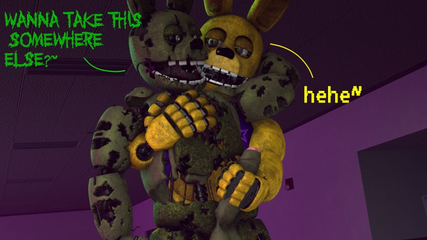 2boys animatronic azzy_azphyr_(artist) dialogue english_text erection five_nights_at_freddy's five_nights_at_freddy's_3 fnaf gay grabbing_penis green_body green_eyes imminent_sex inviting inviting_to_sex living_machine looking_at_another looking_back male male/male male_only open_mouth penis rabbit robot scottgames springtrap standing text undead yellow_body