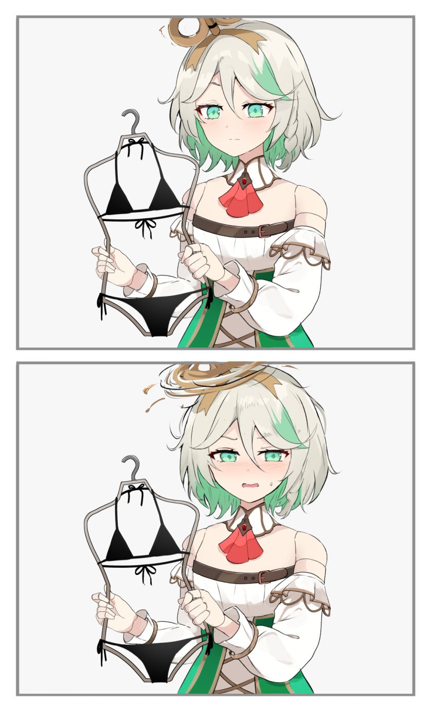 1girls 2koma bikini black_bikini cecilia_immergreen comic disgust female female_only girls_reacting_to_bikini_(meme) green_eyes holding_clothes_hanger hololive hololive_english looking_at_object looking_at_viewer meme shuuzo shuuzo3