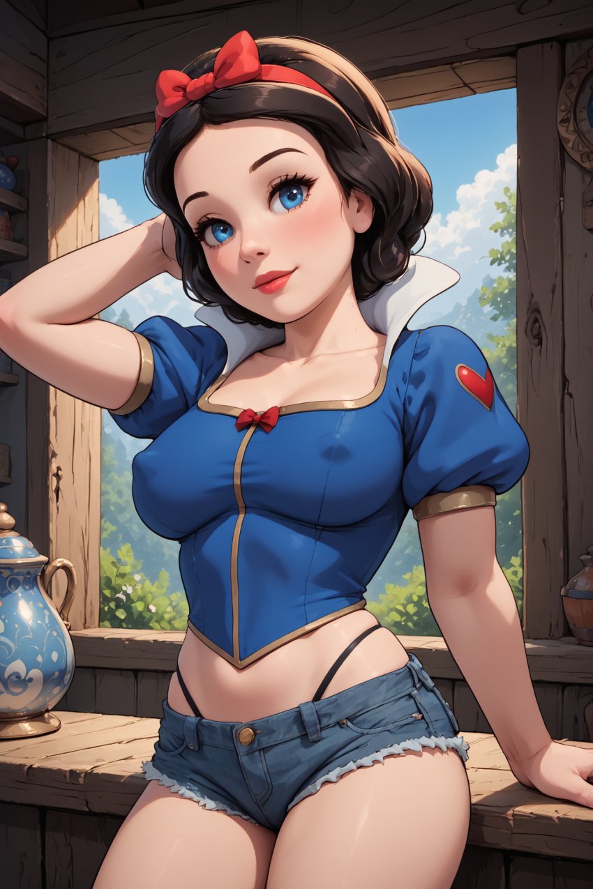 ai_generated big_breasts denim_shorts disney hard_nipples snow_white_(disney) thong_straps waifustash