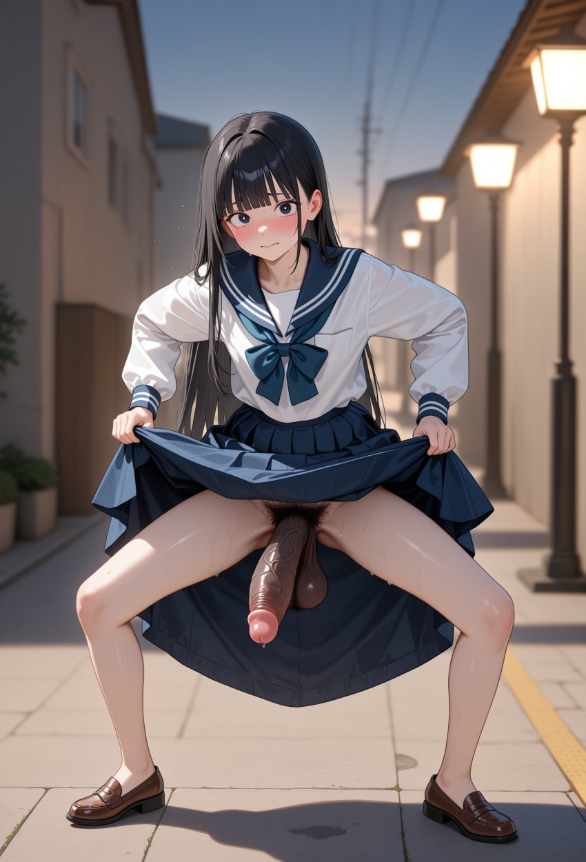 1futa 1girls 2025 ai_generated black_eyes black_hair blunt_bangs bowlegged_pose dark_balls dark_penis dickgirl exhibitionism female_pervert futanari hairy_balls hentai high_quality highres japanese_female lamppost long_skirt looking_at_viewer outdoors pubic_hair public_exposure public_indecency public_nudity sailor_collar skirt_lift slender_body standing uncensored