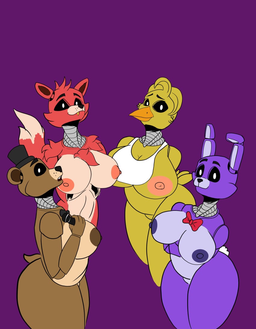 absurd_res animatronic anthro avian bear big_breasts bird bonnie_(fnaf) breasts brown_body canid canine canis chica_(fnaf) chicken curvy_figure female female/female five_nights_at_freddy's fox foxy_(fnaf) freddy_(fnaf) galliform gallus_(genus) group hi_res irc_(artist) lagomorph leporid machine mammal nipples phasianid purple_body rabbit red_body robot scottgames voluptuous yellow_body