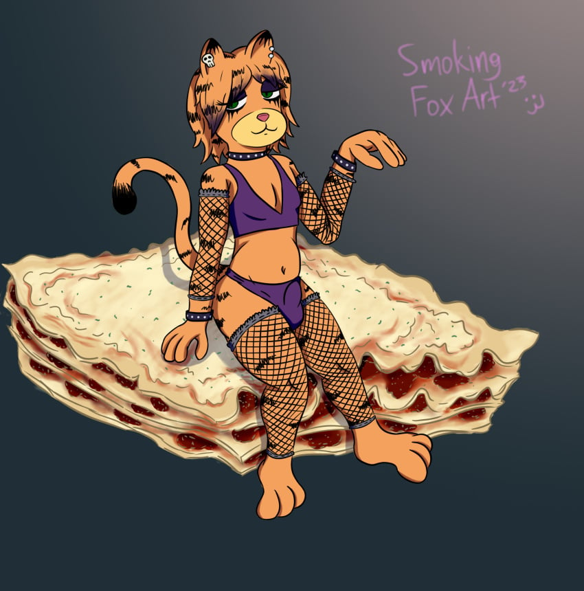 alternative_fashion anthro bulge clothed clothing detailed_bulge domestic_cat felid feline felis femboy food garfield_(series) garfield_the_cat goth hi_res lasagna male mammal pasta piercing skimpy skinny smokingfoxart solo