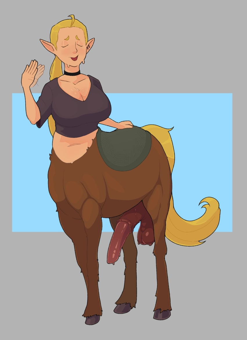 1futa animal_genitalia balls bottomless breasts centaur clothed clothing erection futa_only futanari futataur horsecock horsecock_futanari huge_cock humanoid light-skinned_futanari light_skin partially_clothed penis solo standing sweating trapagon_(artist)